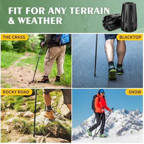 Durable Replacement Rubber Tips for Trekking Poles - Universal Anti-Slip Hiking Stick Caps - Shock Absorbing Pole Accessories - Fits 11mm Standard Poles - Set of 6