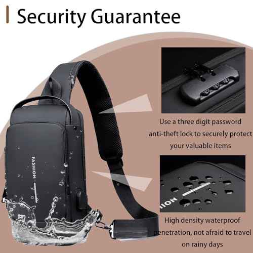 Travel Sling Bag Waterproof Crossbody Bag with Combination Lock Anti-Theft PU Leather Chest Bag with USB Charging Hole Shoulder Backpack Motorcycle Bags Black