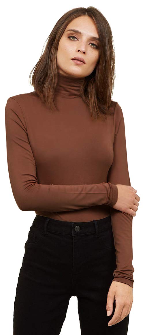 VIIOO Women's Long Sleeve Turtleneck Thermal T-Shirts Soft Fitted Pullover Cotton Tops(Brown/Turtleneck,M)