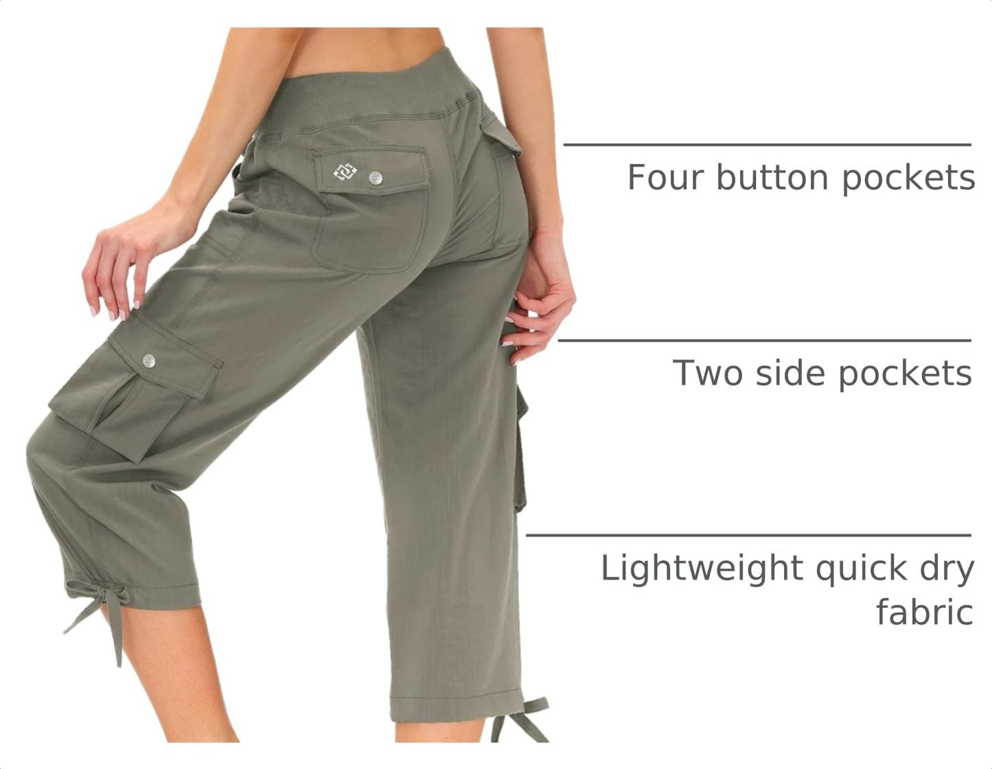 MoFiz Women's Cargo Hiking Pants Lightweight Quick Dry Running Capri Pants Athletic Workout Casual Outdoor Button Pockets Grey Khaki S