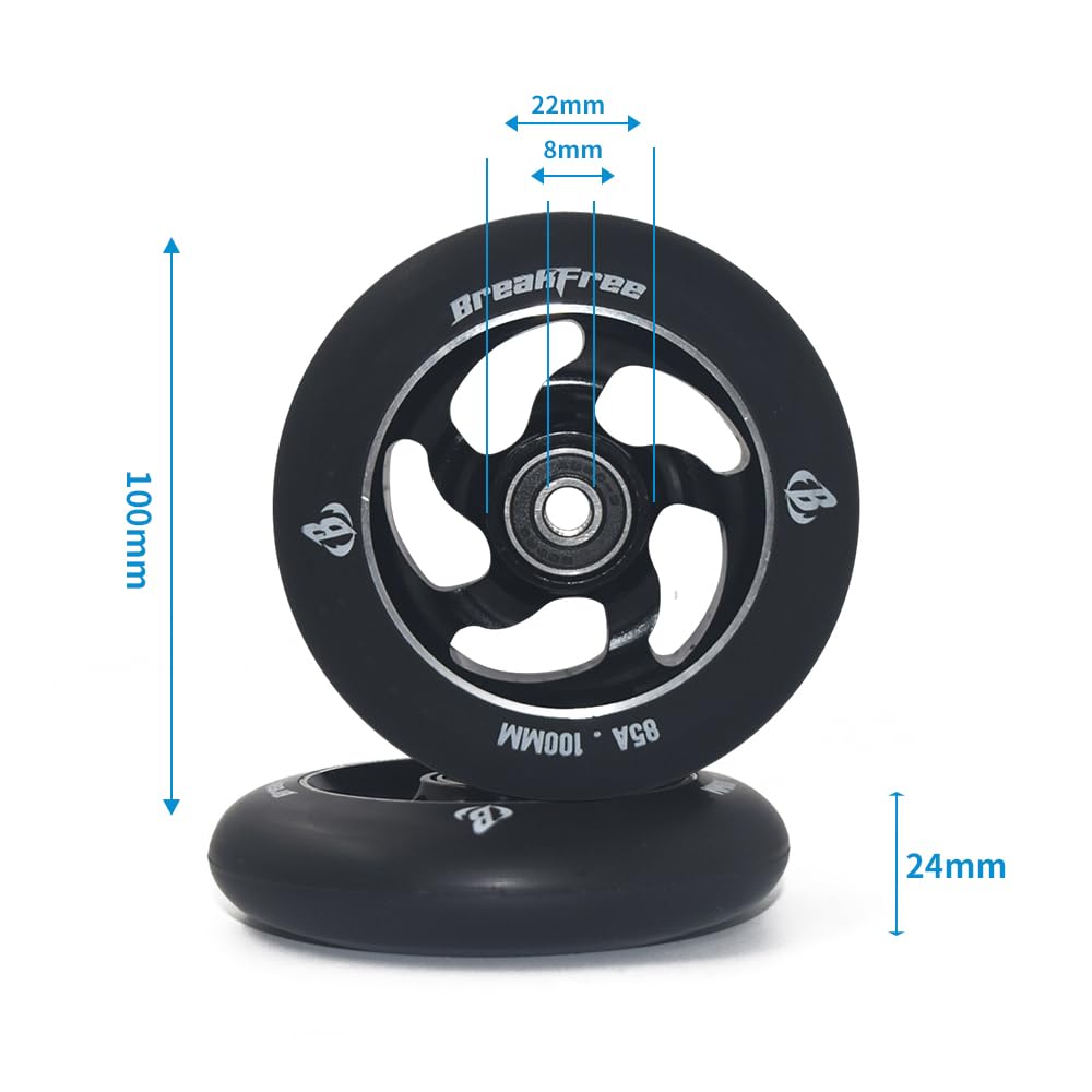 B BREAKFREE 100mm Replacement Scooter Wheels Aluminum Core High Rebound Polyurethane 85A Hardness 2 Pack for MGP/Razor/Lucky Pro Scooters(Black)