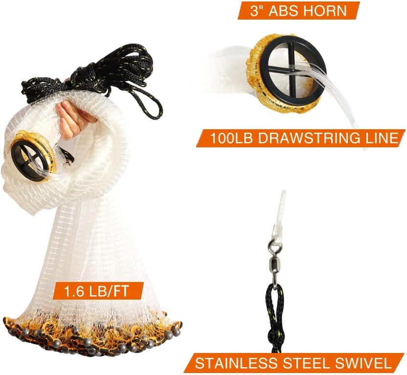 Pancake Cast Net - Heavy-Duty 1.0+ lb/ft Weights for Freshwater & Saltwater | 4ft to 12ft Radius, Pro Grade Mesh Sizes