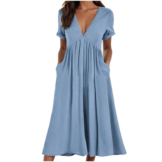 Tea Length Dresses for Women Summer Dresses for Women 2024 Casual V Neck Boho Vacation Maxi Dress Flowy Short Sleeve Beach Mid Calf Dresses with Pockets Prime Deals of The Day Today only