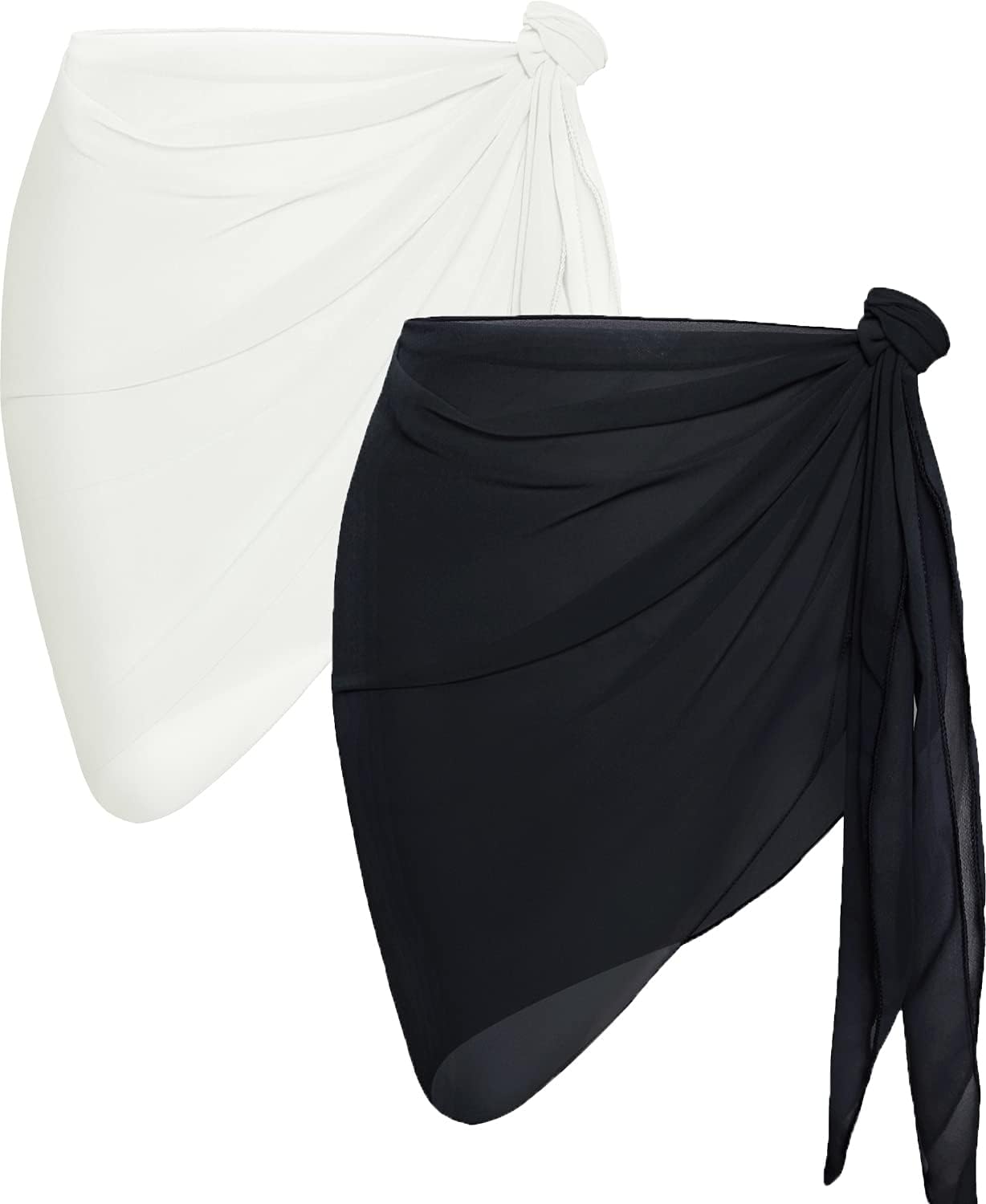 2 Pieces Sarong Cover Ups for Women Beach Bathing Suit Wrap Sheer Short Skirt Bikini Chiffon Scarf for Swimwear (Black,Leopard