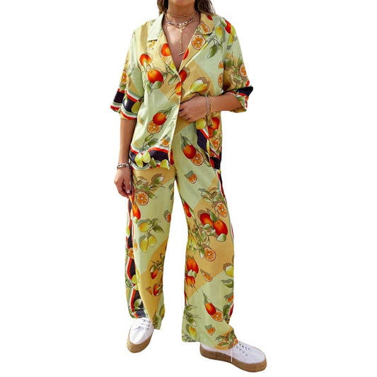 NUFIWI Vintage Graffiti 2 Pieces Pants Sets for Women Floral Fruit Print Short Sleeve Shirt Wide Leg Pants Beachwear Suit