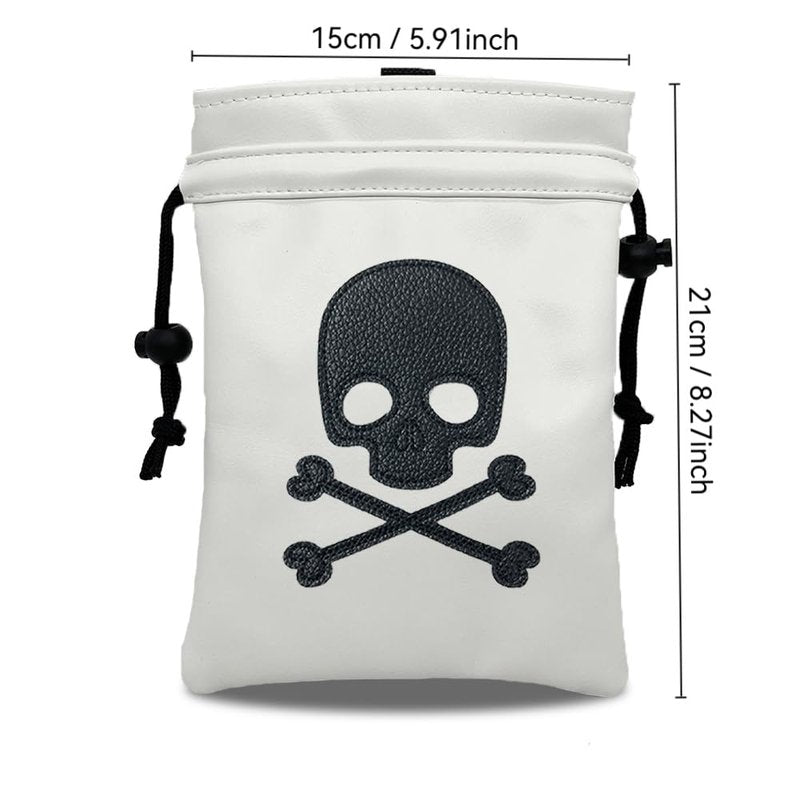 Skull Golf Valuables Pouch Bag with Drawstrings - Premium Faux Leather Tee Pouch Accessorries for Men, White Ball Bag