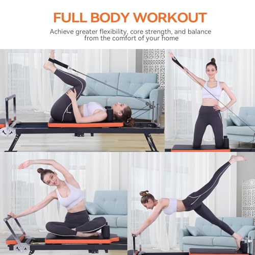 Ntoaujao Pilates Reformer, Foldable Pilates Machine for Home Gym Workout, Pilates Equipment Set with 4 Resistance Springs & 5 Cords, Suitable for Beginners & Advanced Users, Up to 250 lbs Weight