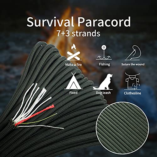 Survival Paracord Rope PSKOOK 100 Feet Fire Starter Parachute Cord 7-Strand Nylon with Red Tinder Cord PE Fishing Line Cotton Thread for Outdoor Lanyards, Bracelets, Handle Wraps (Black)