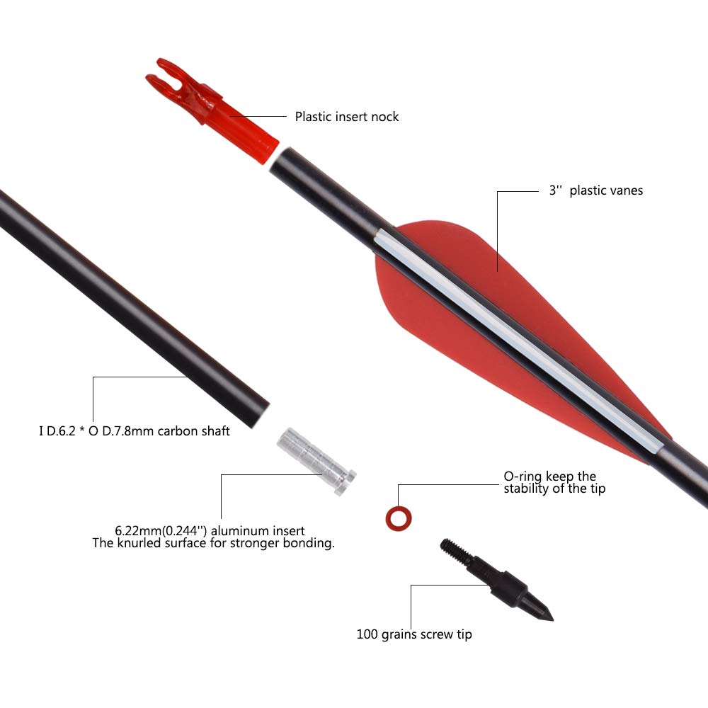 Elong 6PCS 30" Arrows for Compound Bows,Carbon Hunting Arrows for Archery Spine 500 with 100 Grain Screw Tips, for Compound & Recurve & Traditional Bow(with 6 Extra Nocks)