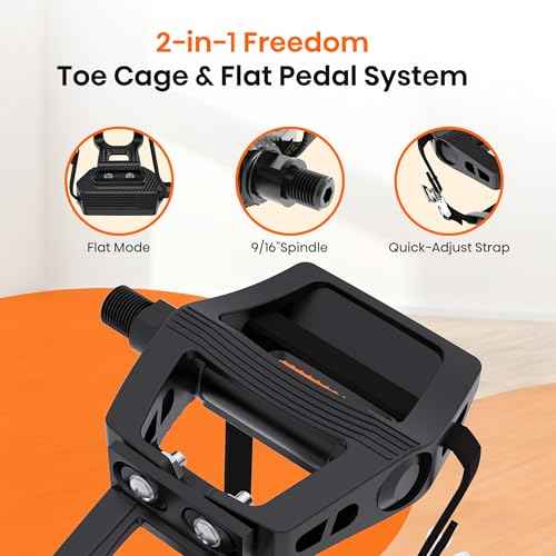 SPD Bike Pedals with Toe Cages, 9/16'', Dual Function with Straps and Clip, Alloy Spindle for Indoor Exercise Cycling Spin Mountain Road Bikes, Peloton, Schwinn, Sunny Bikes