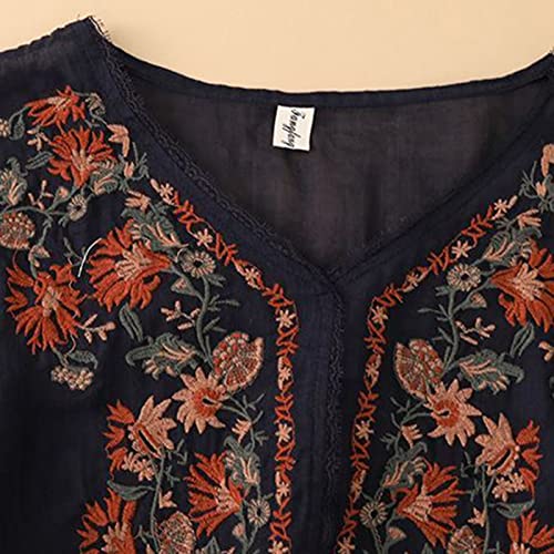 linen shirts for women Womens Linen Embroidered Blouse Plus Size 3/4 Sleeve T-Shirts Lightweight Boho Embroidered Peasant Shirts Button Up peasant tops for women deals of The day clearance