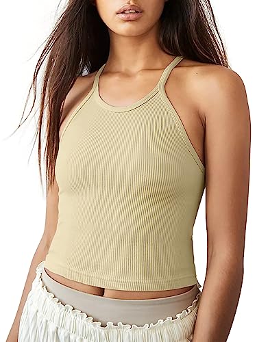 Womens Sports Bra Cute Workout Long Tank Tops Fitness Yoga Padded Bra Camisole Crop Tops for Teen Girls(Beige X-Large)