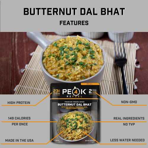Peak Refuel Butternut Dal Bhat | Freeze Dried Backpacking and Camping Food | Amazing Taste & Quality | High Protein | Real Meat | Quick Prep (2 Serving Pouch)