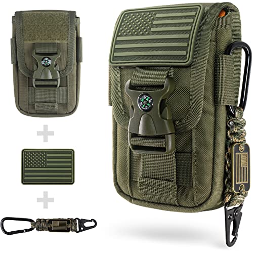 WYNEX Tactical Molle Phone Pouch with Compass Buckle, Tactical Phone Holster Molle Cell Phone Pouch Universal Belt Waist Bag for IP 15/14/13 Pro Max / S22/S21 with US Patch & Paracord Keyring Clip