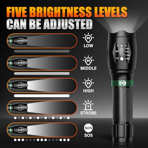 2 Pack LED Flashlights High Lumens with 6 AAA Batteries, 5 Modes Mini Waterproof Tactical Flashlight for Camping Hiking, Bright Flashlight with Zoomable, Fathers Day Gifts for Him, Black & Green