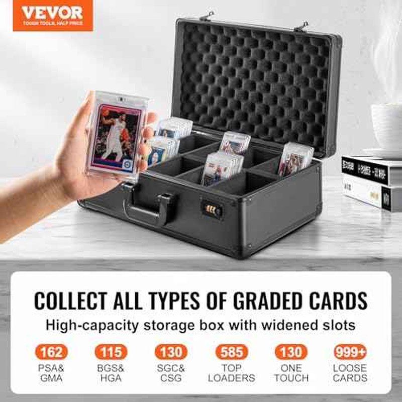 VEVOR 162 PSA Graded Sports Card Holder Box - 5 Slot Case with Coded Lock - Holds 115 BGS, 130 SGC or 999+ Loose Cards