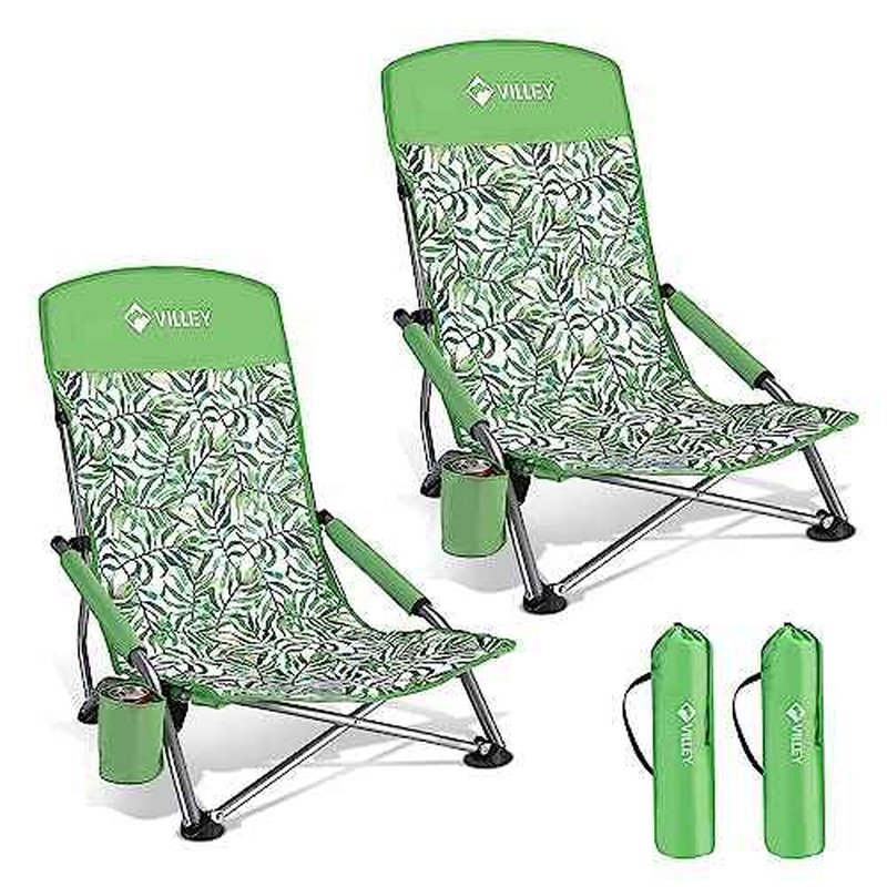 VILLEY Low Beach Chairs for Adults 2 Pack, High Back Folding Chairs, Lightweight and Portable for Outdoor, Camping, Lawn, with Cup Holder and Carry Bag - Green Tropical Leaves