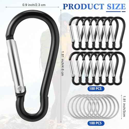 200 Pcs 1.8" Bulk 100 Aluminum Clip Keychains with 100 Keyrings Metal Mini Spring Snap Hooks for Camping Hiking Traveling Outdoor Activities