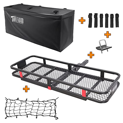 TUFFIOM 60" L x 20" W x 6" H Hitch Mount Cargo Carrier Folding Rack, 500lbs Heavy Duty Trailer Steel Luggage Basket with Waterproof Cargo Bag, Straps, Net & Stabilizer for Camping Travel