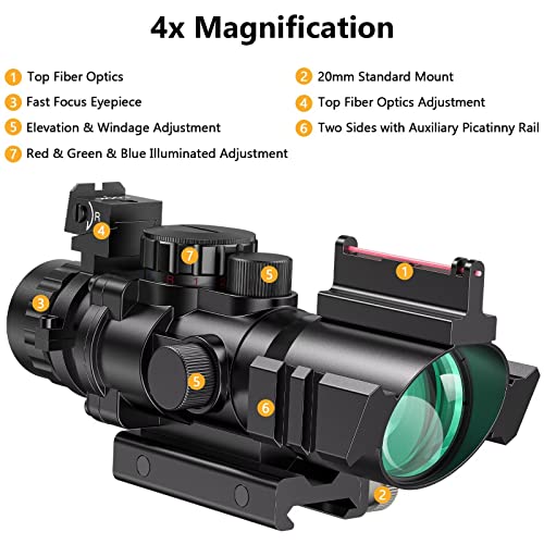 CVLIFE 4x32 Tactical Rifle Scope Red & Green &Blue Illuminated Reticle Scope with Fiber Optic Sight