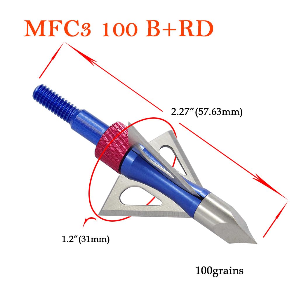 maifield Archery Broadheads 100 Grain Bowhunting Arrow Head 3 Fixed Blades 6 Pack for Small Game Crossbows and Compound Bow Arrows (Blue+Red 6PCS)