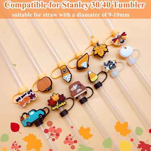 12pcs Fall Straw Toppers for Stanley Cup Thanksgiving Autumn Straw Covers 10mm Silicone Drinking Tip Covers for Stanley Cup Accessories