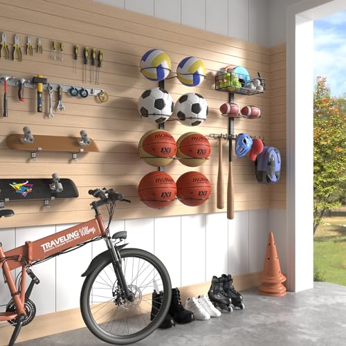 8 Tier Detachable Wall Mounted Basketball Rack,DIY Vertical/Horizontal Football Holder,Height-Adjustable Multifunctional Ball Rack Sports Equipment Organizer with Basket for Ball Storage Garage