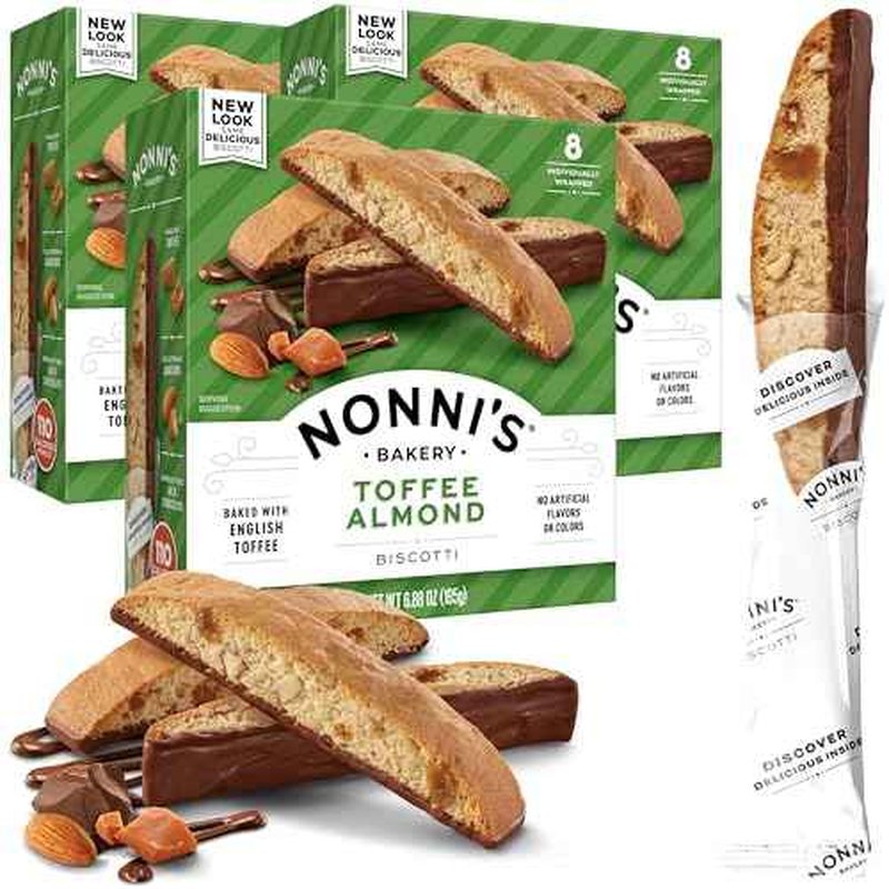 Nonni's Toffee Almond Biscotti Italian Cookies - 3 Boxes Biscotti Cookies w/English Toffee Bits - Biscotti Individually Wrapped Cookies Dipped in Milk Chocolate w/Almond Toffee Candy Bits - 6.88 oz