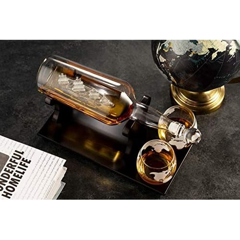 Godinger Ship In A Bottle Whiskey Decanter and Whiskey Glasses Bar Set, for Liquor Scotch Bourbon, Gifts for Men Clear