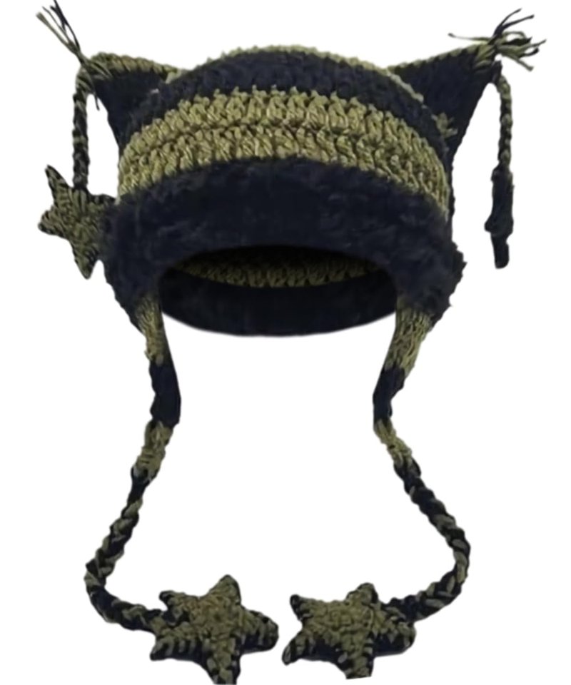 Crochet Hats for Women Y2k Beanies Women's Knitted Cat Ear Hat Crochet Hat for Women Y2k Accessories Black Green with Pendant
