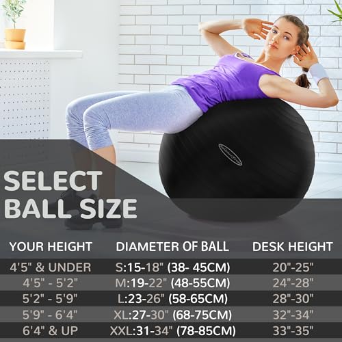 Signature Fitness Anti-Burst and Slip Resistant Exercise Ball Yoga Ball Fitness Ball Birthing Ball with Quick Pump, 2,000-Pound Capacity, Black, 26-inch, L