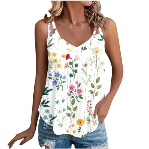 Generic Summer Tank Top for Women Spaghetti Strap Sleeveless Vacation Beach T Shirts Trendy Floral Eyelet Camisole Tops V Neck Dressy Casual Curved Hem Tunic Blouses, Large