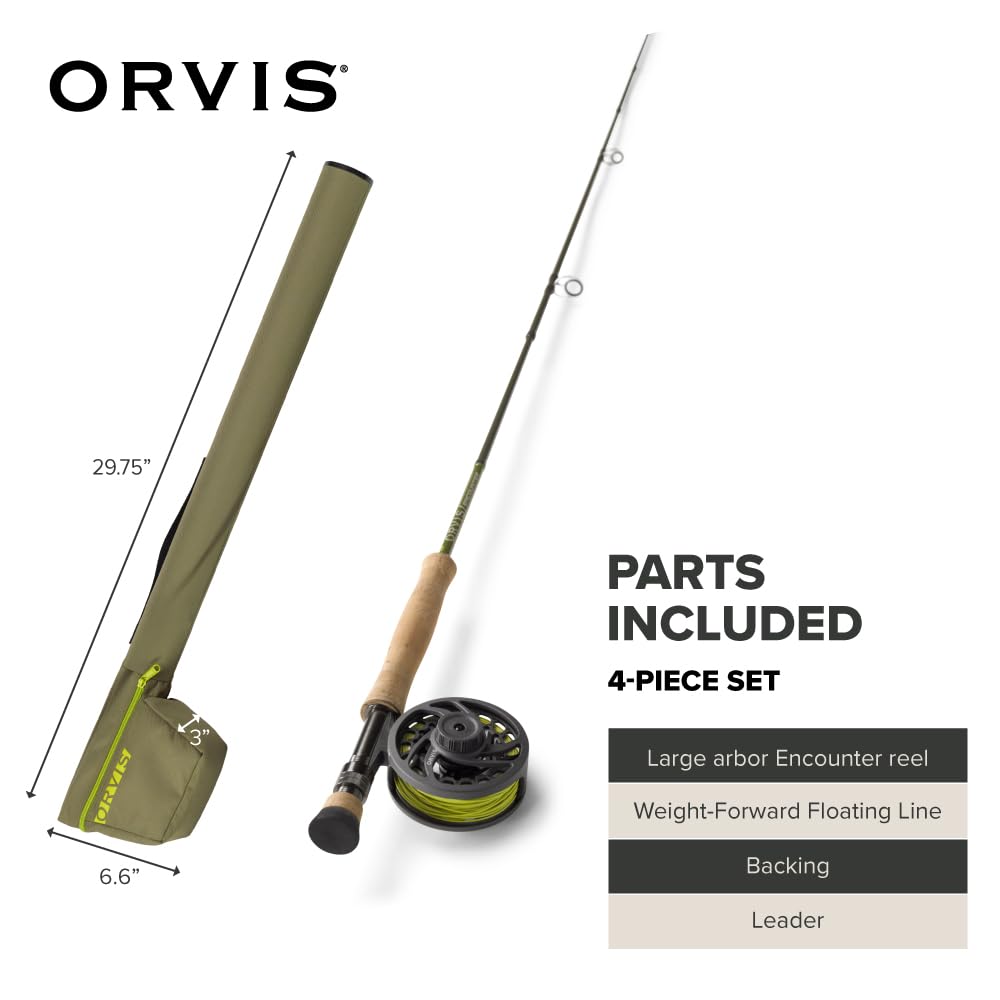 Orvis Encounter Fly Rod Outfit - 4Pc Fishing Rod and Reel Combo with Smooth Performance, Complete with Reel, Line, Backing, & Leader for Young Anglers, Olive - (9'5-wt)