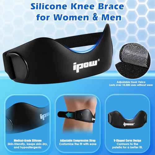 IPOW Silicone Patellar Tendon Support Strap Adjustable Non-Slip Patella Band Support Knee Brace for Hiking, Running, Jumpers Knee, Tendonitis, Basketball, Squats