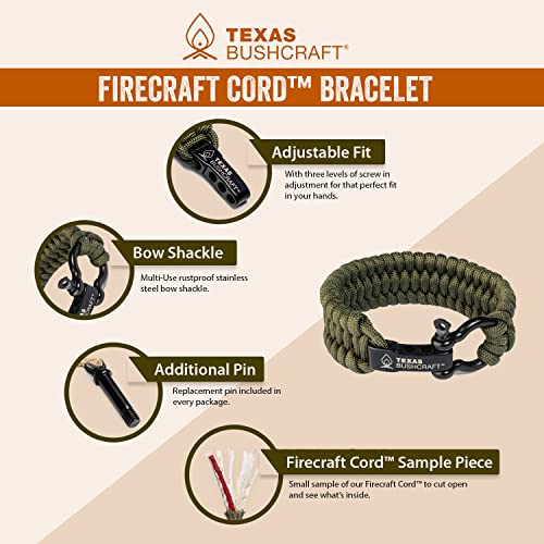 Texas Bushcraft Firecraft Cord Survival Bracelet – Paracord Bracelet with Bow Shackle for Camping and Emergency – 3 Extra Strands Include Wax Thread, Tinder, and Fishing Line (Army Green, M)