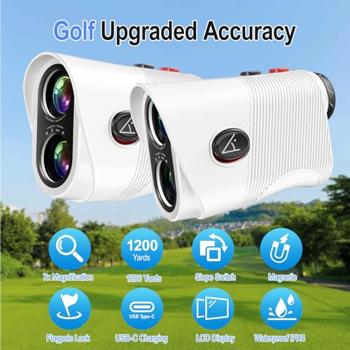 HESAIN White Golf Rangefinder with Slope, 1200 Yards, 7X Magnification, Rechargeable, Flag Lock & Magnetic Attachment