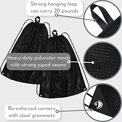 2 Multi Functional Mesh Bags With Drawstring Shoulder Straps For Swimming, Beach, Diving, Travel, Gym - 2 Pack Black (16 x 20 inch, Wet-or-dry-environment)