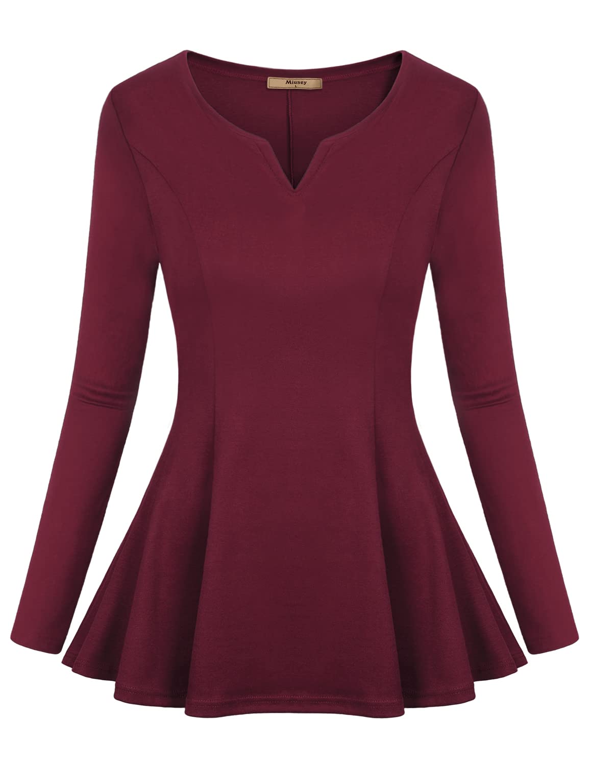 Miusey Long Sleeve Peplum Tops for Women Henley V Neck Pleated Fitted Ruffle Tops to Hide Belly Draped A-Line Elegant Empire Flowy Waist Red Medium