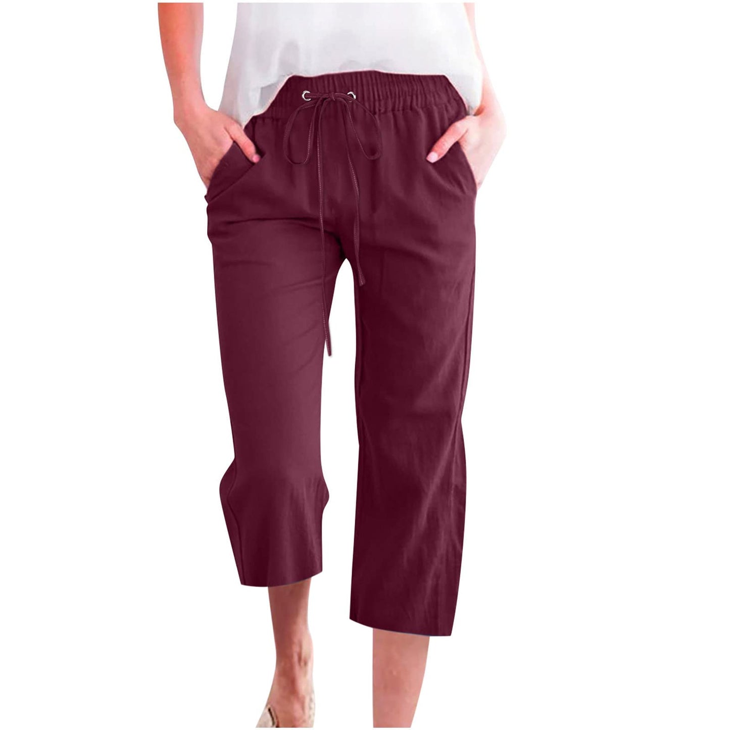 Generic Womens Pull On Capris, Linen Pants for Women, Capri Pants for Women Casual 2024 Summer Drawstring Elastic High Waist Linen Pants Straight Wide Leg Capris Cropped Trouser A05_Wine,XXL