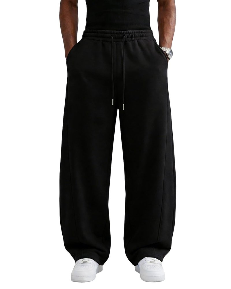 Wangdo Men's Baggy Sweatpants Wide Leg Lounge Cotton Jogging Pants Casual Elastic Waist Joggers with Pockets Black