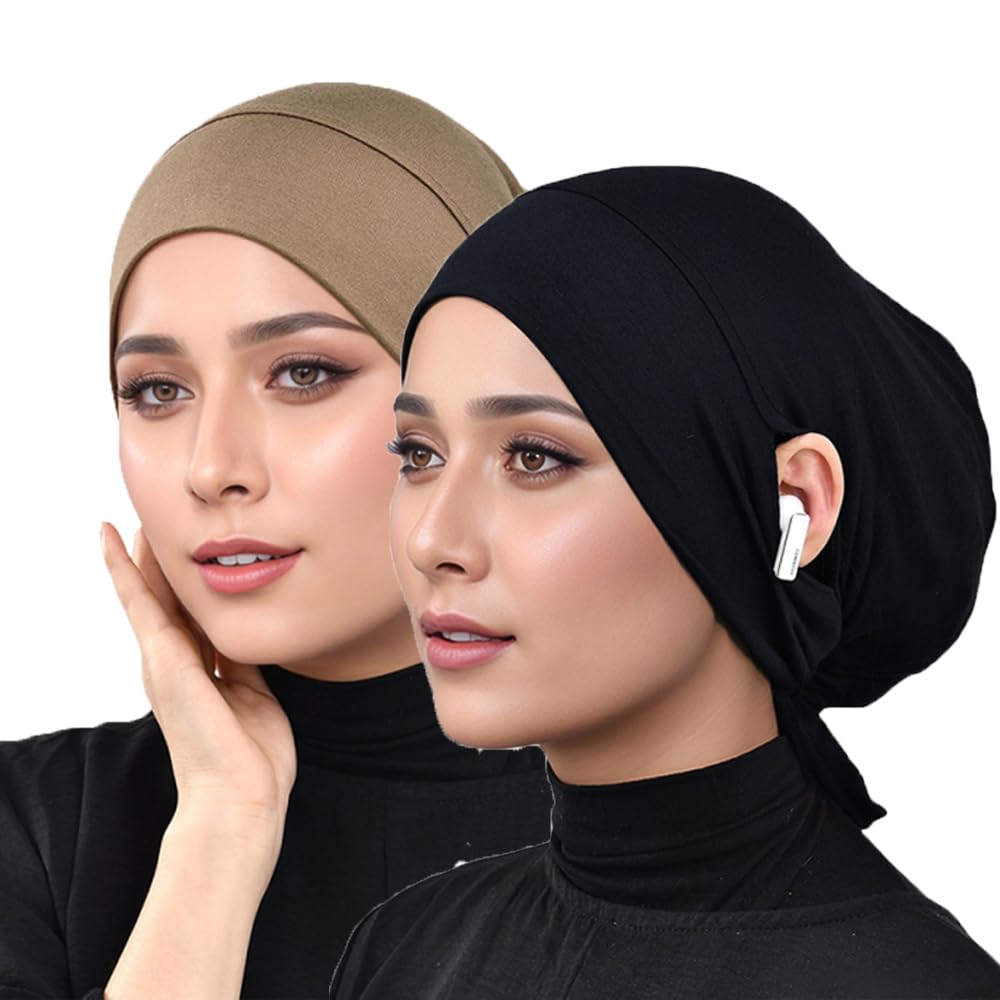 Hophor Hijab Undercaps Slouchy Beanies Cap Soft Hijab Caps Under Scarf for Women Muslim Jersey Inner Beain-Cap(Black+Khaki)