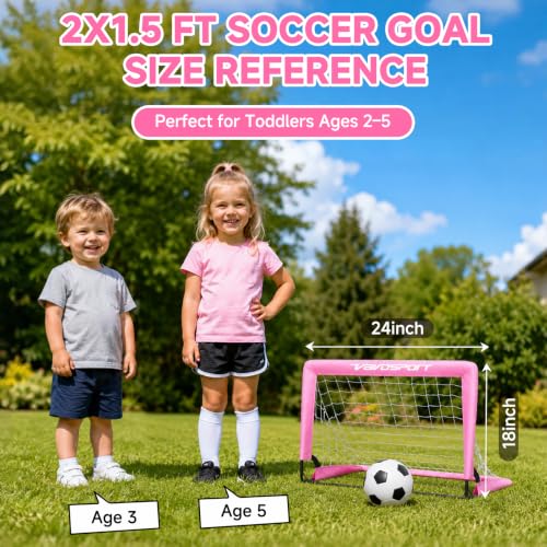 Pink Mini Toddler Soccer Goal Set for Backyard - 2 Pack 2x1.5 ft Kids Soccer Goals with Accessories