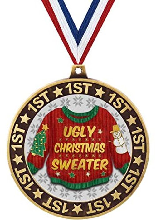 Ugly Christmas Sweater 1st Place Perimeter Medals and Trophies, 2.75" Gold Ugly Sweater Medal Awards, 5 Pack Prime