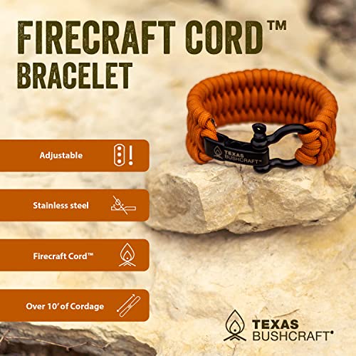 Texas Bushcraft Firecraft Cord Survival Bracelet – Paracord Bracelet with Bow Shackle for Camping and Emergency – 3 Extra Strands Include Wax Thread, Tinder, and Fishing Line (Army Green, M)