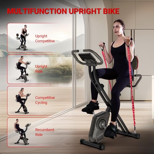 HARISON Foldable Exercise Bike with Arm Resistance Bands 350 LBS Capacity, 5 in 1 Magnetic Stationary Bikes for Home with 16-Level Resistance and Bluetooth, Magnetic X-Bike with LCD Monitor & Back Support