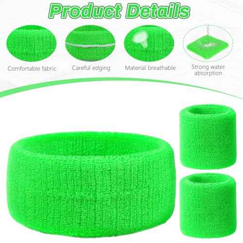 Neon Headband, 3 Pcs Elastic Sweatbands Cotton Arm Sweat Bands Wristband Soccer Headband Green Accessories 80s Accessories for Men Women Kids Workout Party Gym Running Sports Tennis (Green)