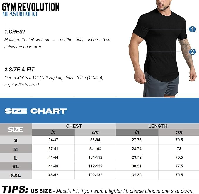 GYM REVOLUTION Men's Workout Gym Hipster Curved Hem Muscle Fitness Hip Hop T Shirts Blue L