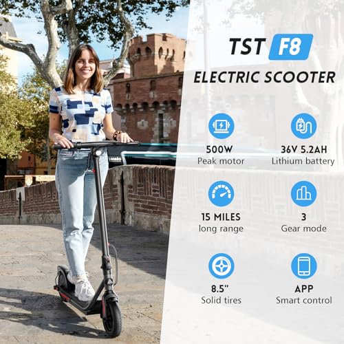 TST Electric Scooter for Adults, 19 Mph Foldable E Scooter, Peak 500W Motor, 15 Miles Range, 8.5" Rear Solid Tire, All Aluminum Body Electric Scooter Adults with Dual Braking System and App Control