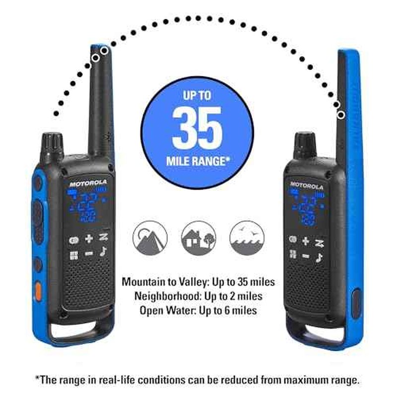 Motorola Solutions, Portable FRS, T802, Talkabout, Two-Way Radios Waterproof IP54 Walkie Talkie Emergency Preparedness, Rechargable, 22 Channel, 35 Mile, Black W/Blue, 2 Pack