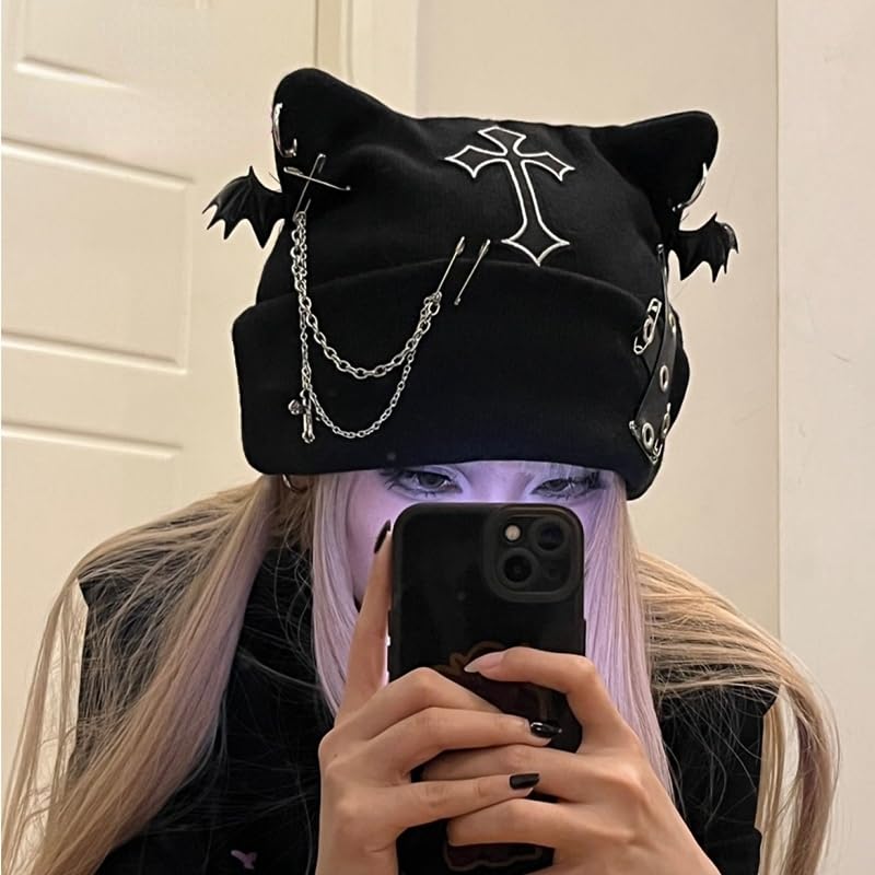 Y2K Gothic Grunge Cat Ear Bat Wing Black Beanie Hat Harajuku Punk Cross Chain Knitted Hat Women Chic Streetwear (Black)